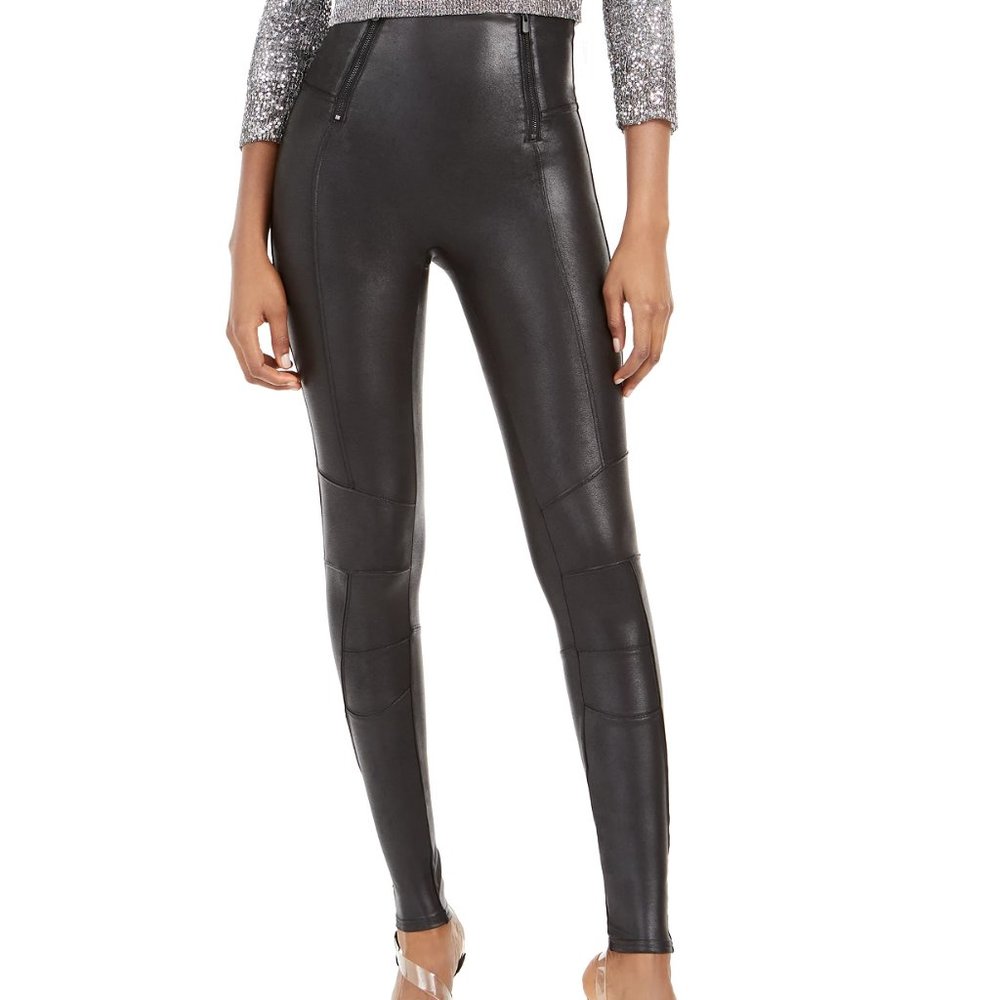 SPANX black faux leather leggings double waist zipper detailed seams size 4